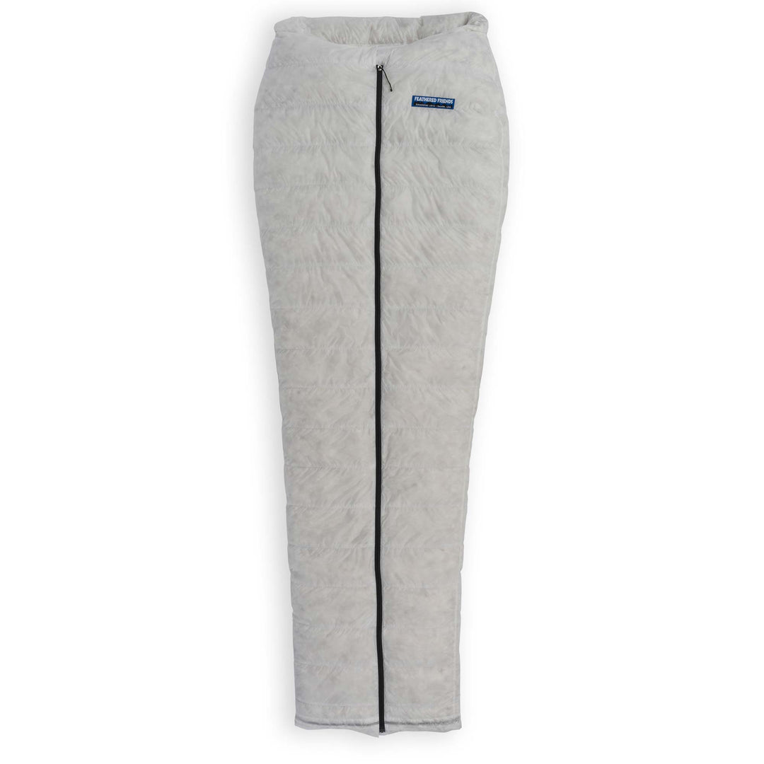 Fully zipped Feathered Friends UL ultralight 20 30 40 degree down quilt sleeping bag in Undyed Pertex Quantum Pro on a white background