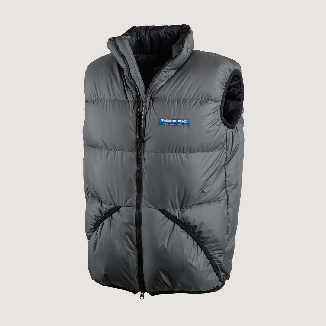 Feathered Friends Helios Down Vest Cinder gray on white background