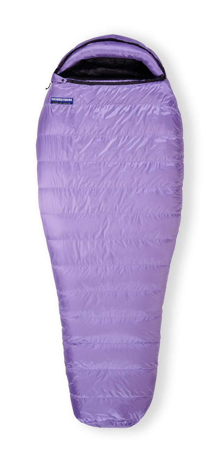 Studio image front view Feathered Friends Women's Egret YF Ultralight Down Sleeping Bag Iris purple color